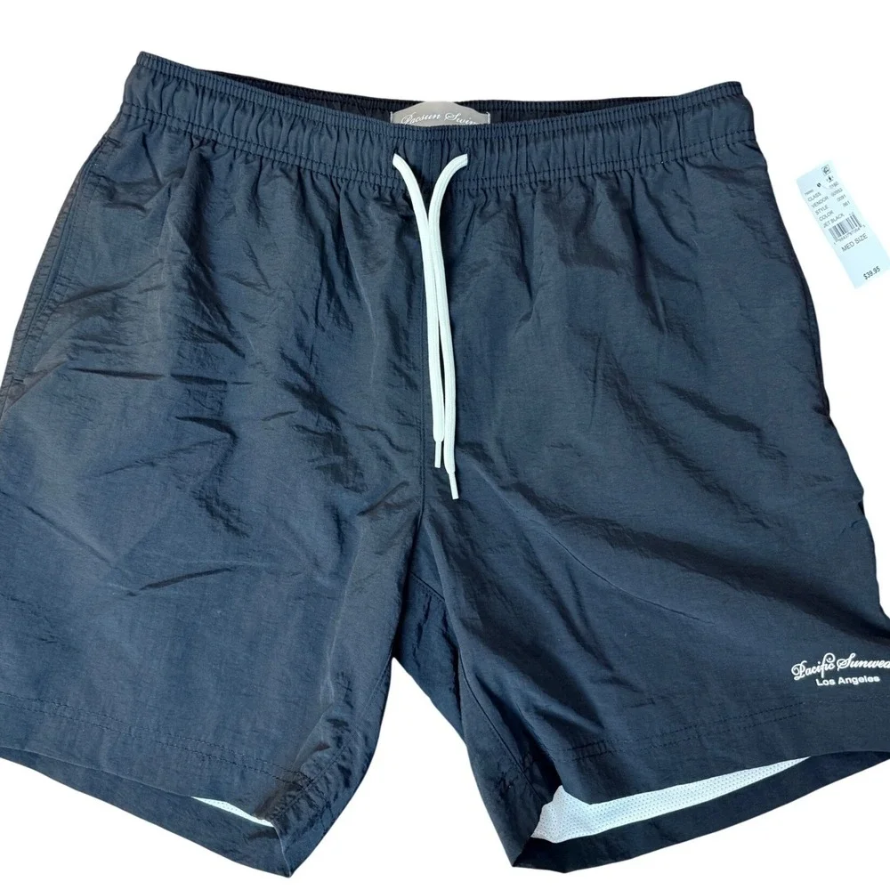 PacSun Mens Jet Black Swim Trunks Nylon Mesh Lined Shorts Medium NEW